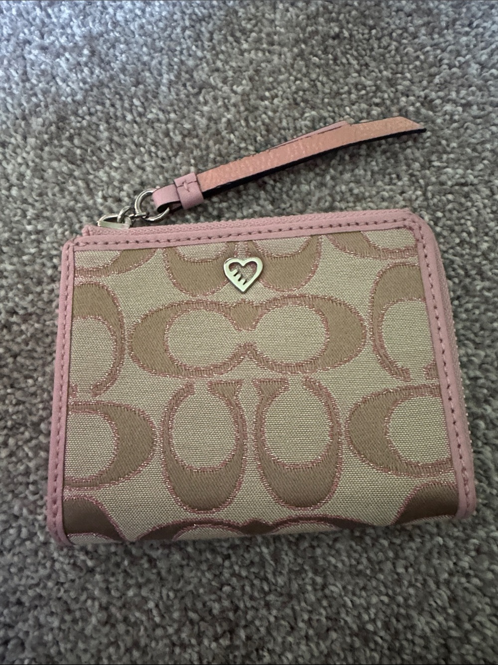 Coach Poppy Signature Canvas Wallet in Pink and Beige with Heart Accent
